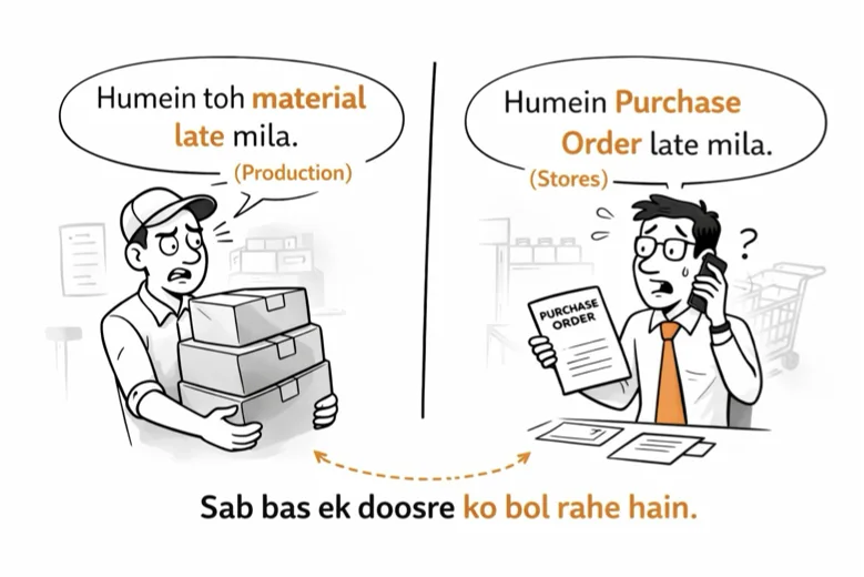 Production says material came late, stores says the purchase order came late